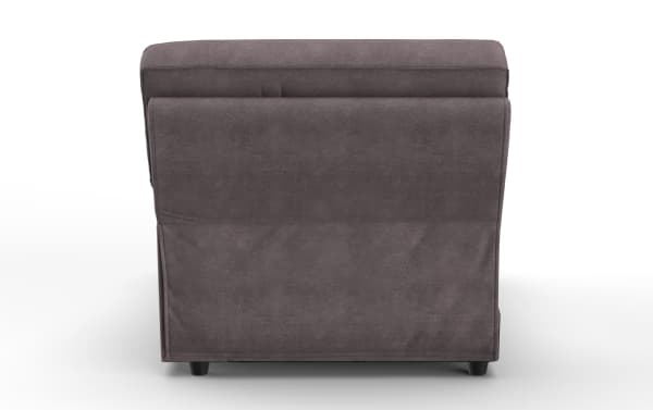 Dark gray upholstered armchair shown from the back, featuring a soft fabric texture and low black legs, suitable for modern living room decor.