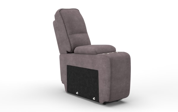 Gray fabric upholstered recliner chair with cushioned backrest and armrest, featuring a black panel on the side for mechanism access.