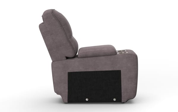 Gray fabric reclining armchair with padded backrest, cushioned armrest featuring built-in cup holders, and black side panel for reclining mechanism.