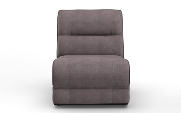 Modern armless accent chair upholstered in soft gray fabric with plush cushioning and a sleek, minimalist design ideal for living rooms or lounges.