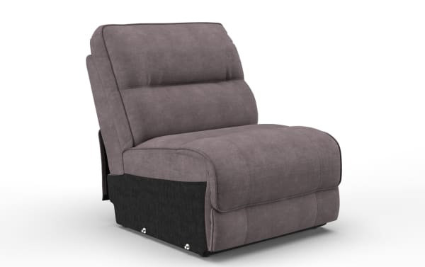Modern gray upholstered armless accent chair with plush cushioning and black base, designed for living room seating comfort.