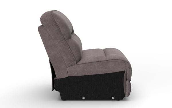Side view of a modern gray fabric recliner chair with cushioned backrest and seat, featuring a black base panel and compact design.