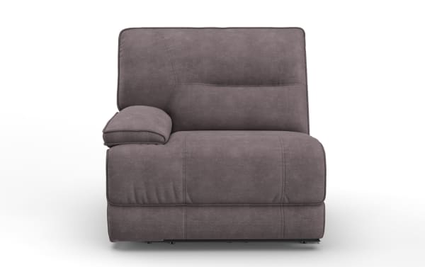Modern armless gray fabric upholstered modular sofa section with cushioned backrest and padded armrest, ideal for living room seating.