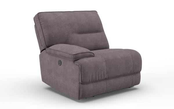Gray fabric upholstered recliner chair with plush cushioning, padded armrest, and manual recline lever on the side, designed for living room comfort.