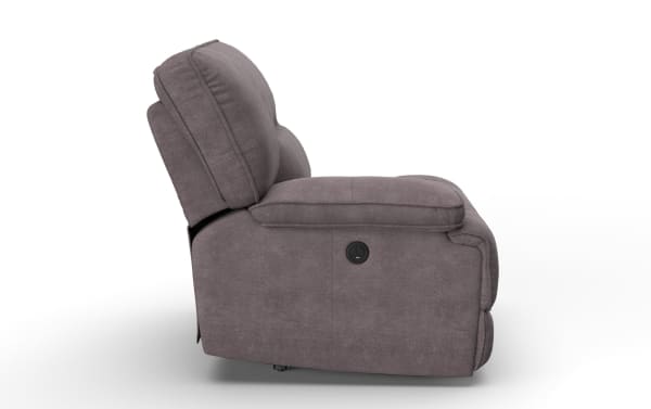 Gray fabric upholstered recliner chair with plush cushioning and side lever for reclining adjustment, shown from the side.