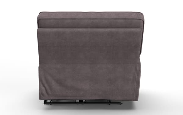 Upholstered gray fabric recliner chair shown from the back, featuring a smooth, modern design and visible reclining mechanism.