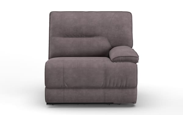 Modern armless gray fabric lounge chair with cushioned backrest and single padded armrest on the right side, featuring soft upholstery and stitched detailing.