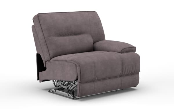 Gray fabric recliner chair with plush cushioning, padded armrest, and visible metal reclining mechanism, designed for comfort and relaxation.