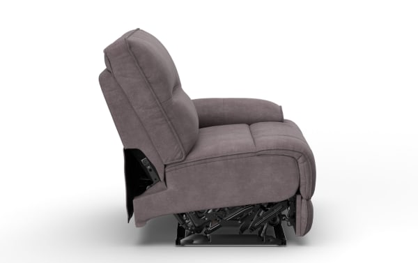 Gray fabric upholstered recliner chair shown in side view with visible reclining mechanism and cushioned armrests and backrest.