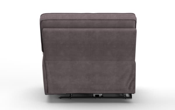 Gray upholstered recliner chair shown from the back, featuring soft fabric and visible reclining mechanism base for comfort and relaxation.