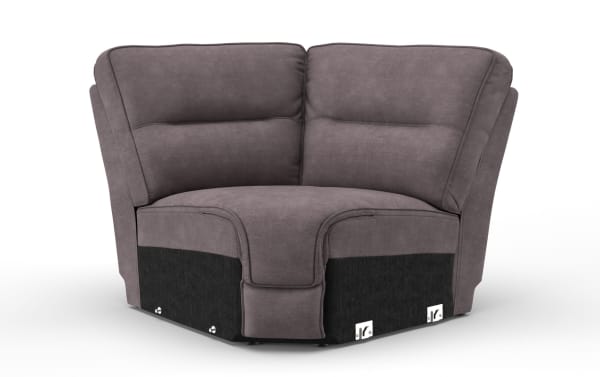 Corner section of a modern gray fabric sectional sofa with plush cushions and black base, designed for living room comfort and style.