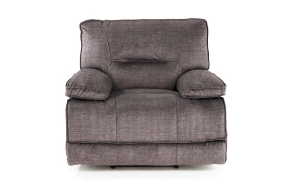 Pacifica Gray Power Recliner in transitional style, gray polyester fabric upholstery, plush memory foam cushions, power recline, and USB port.