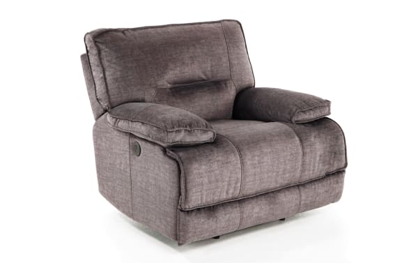 Pacifica Gray Power Recliner in transitional style with soft gray polyester fabric, memory foam cushions, power recline, and USB port for convenient charging.