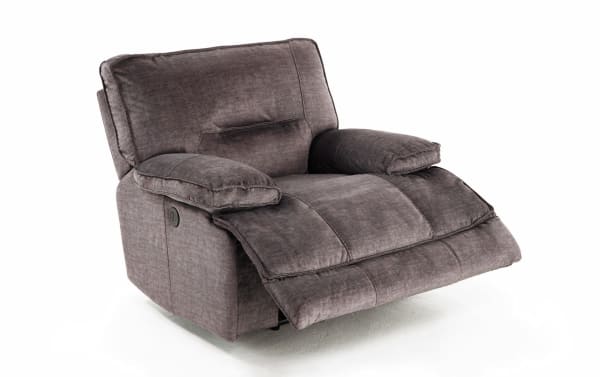 Pacifica Gray Power Recliner with USB Port in gray polyester fabric, transitional style, features plush memory foam cushions and power recline control.