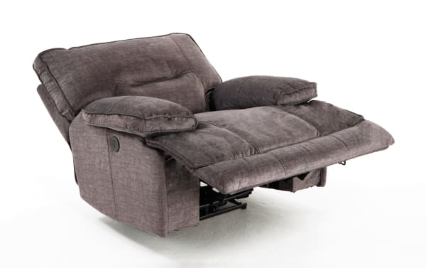 Pacifica Gray Power Recliner in transitional style with soft gray polyester fabric, memory foam cushions, power recline, and built-in USB port.