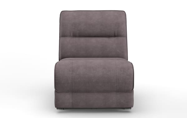 Modern armless accent chair upholstered in soft gray fabric with cushioned seat and backrest, featuring clean lines and minimalist design.