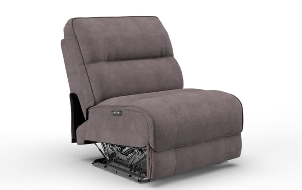 Modern gray fabric power recliner chair with padded backrest and seat, featuring visible metal reclining mechanism and side control buttons for adjustable comfort.