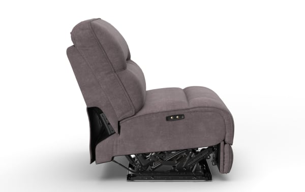Gray fabric upholstered recliner chair shown in a side view with visible reclining mechanism and padded cushions for lumbar and head support.