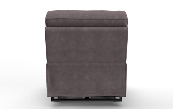 Dark gray fabric upholstered recliner chair shown from the back, featuring a cushioned headrest and smooth, clean lines.