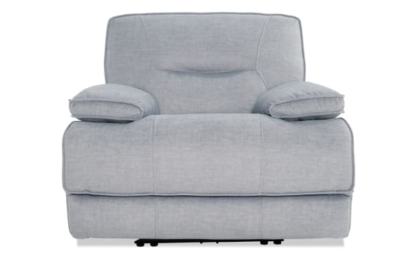 Silver Pacifica transitional power recliner upholstered in soft polyester fabric with plush memory foam cushions and padded armrests, featuring a USB charging port.