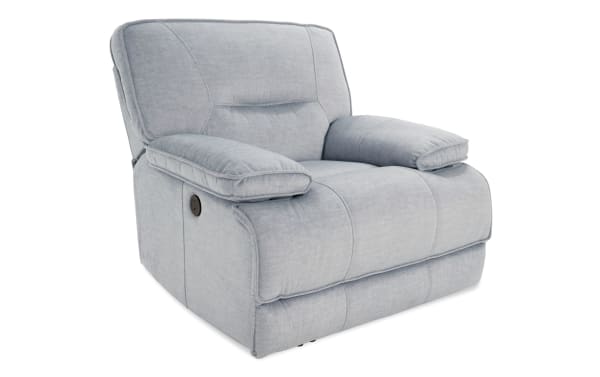 Pacifica Silver Power Recliner with USB Port in silver polyester fabric, transitional style, featuring plush cushions with memory foam and power recline control.