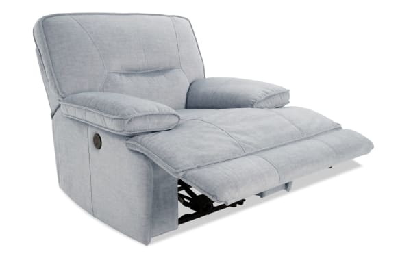 Pacifica Silver Power Recliner in silver polyester fabric with plush cushions, power recline button, and built-in USB charging port.