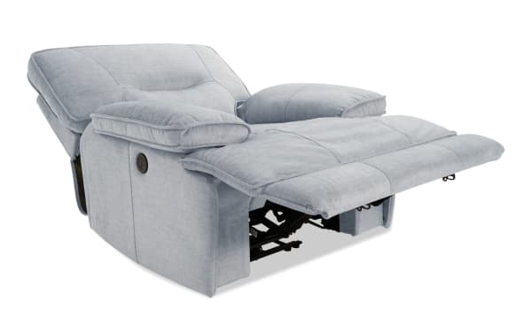 Pacifica Silver Power Recliner in silver polyester fabric with plush cushions, memory foam, power recline, and built-in USB port for charging.