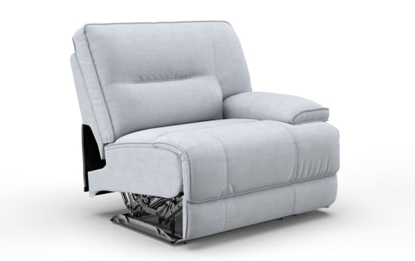 Pacifica Silver right arm facing power recliner in gray polyester fabric with plush cushions, memory foam, and built-in USB port for charging.