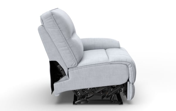 Pacifica Silver right arm facing power recliner in gray polyester fabric with plush cushions, memory foam, and visible reclining mechanism.