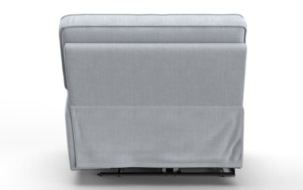 Back view of Pacifica Silver right arm facing power recliner in gray brushed microfiber polyester fabric with tailored seams and concealed reclining mechanism.