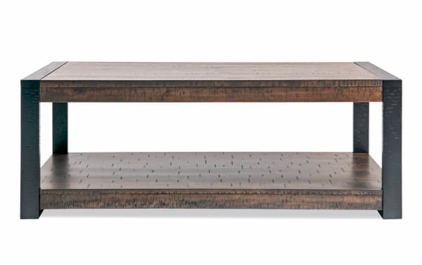 Rustic Carson Black & Dark Brown Coffee Table from Carson Occasional collection, featuring acacia veneers, engineered wood grain, rubberwood solids, dark walnut finish, and casters for easy mobility.