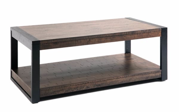 Carson Black & Dark Brown Coffee Table from Carson Occasional Collection features rustic dark walnut finish, acacia veneers, engineered wood grain, and rubberwood solids with casters for easy mobility.