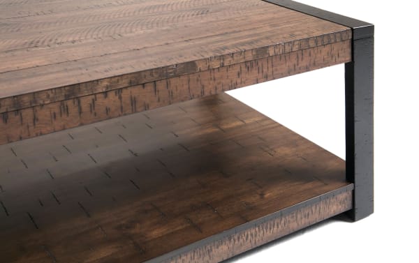 Carson Black & Dark Brown Coffee Table from Carson Occasional collection, rustic style with dark walnut finish, acacia veneers, engineered wood grain, and rubberwood solids, featuring a sturdy lower shelf and black metal frame for durability and mobility.