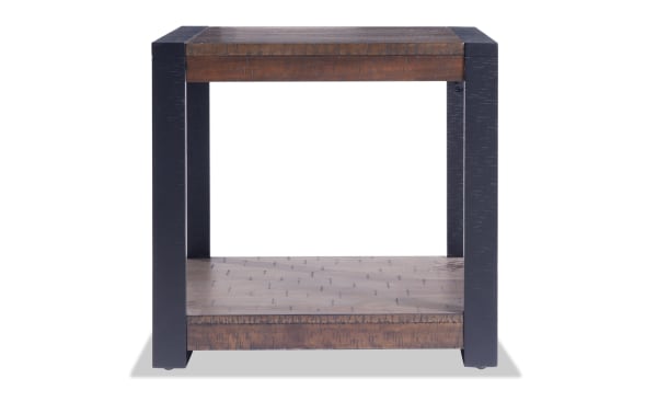 Carson Black & Dark Brown End Table from Carson Occasional Collection, rustic style with acacia veneers, engineered wood grain, and rubberwood solids.