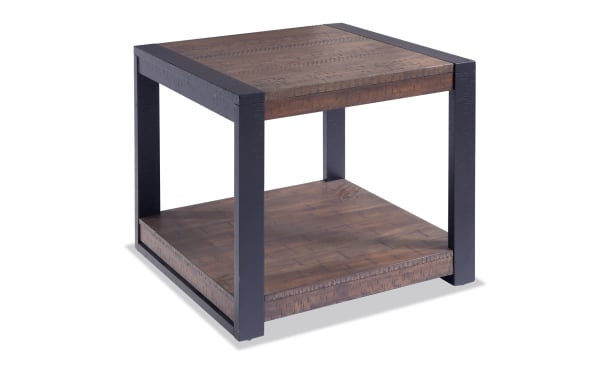 Carson Black & Dark Brown End Table from Carson Occasional collection, rustic style with acacia veneer, engineered wood grain, and rubberwood frame.