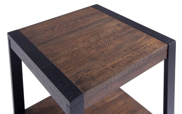 Carson Black & Dark Brown End Table with rustic style, dark walnut finish, acacia veneers, engineered wood grain, and rubberwood solids.