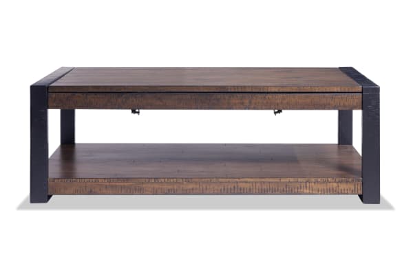 Carson Dark Brown & Black Lift-Top Storage Coffee Table from Carson Occasional collection, rustic style, MDF/acacia veneer with engineered wood grain and rubberwood solids, featuring a dark walnut finish, black legs, open lower shelf, and lift-top storage for versatile use.