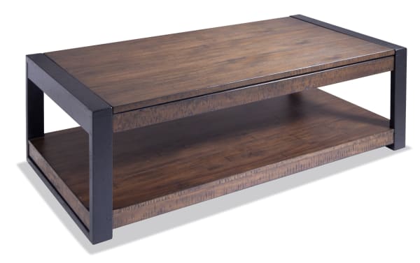 Rustic Carson Dark Brown & Black Lift-Top Storage Coffee Table with MDF, Acacia veneer, engineered wood grain, and rubberwood solids.