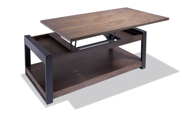 Carson Dark Brown & Black Lift-Top Storage Coffee Table from Carson Occasional collection, rustic style with MDF, acacia veneer, and rubberwood. Features a dark walnut finish, black frame, lift-top for hidden storage, and lower shelf for display or storage.