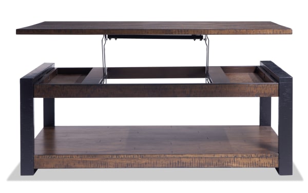 Carson Dark Brown & Black Lift-Top Storage Coffee Table from Carson Occasional, rustic style with dark walnut finish, MDF, acacia veneers, and rubberwood solids. Features a lift-top revealing hidden storage and a lower shelf for display or storage.