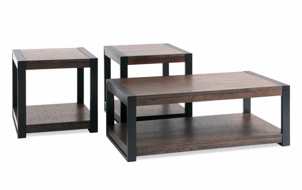 Carson Black & Dark Brown Coffee and 2 End Table Set from Carson Occasional Collection, rustic style with acacia veneers, engineered wood grain, and rubberwood solids, featuring a dark walnut finish, spacious bottom shelves, and casters on the coffee table for easy mobility.