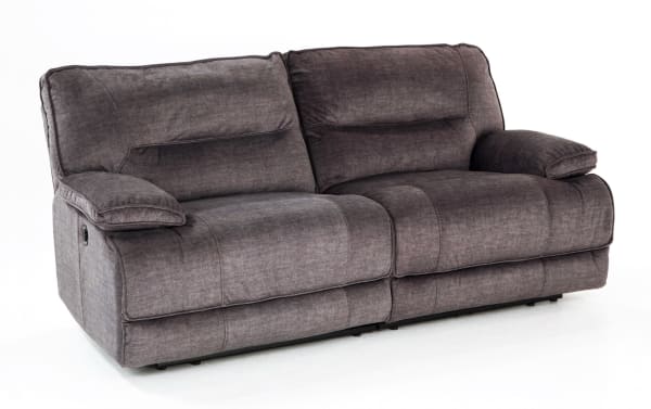 Pacifica Gray 82" power reclining loveseat in gray polyester fabric with plush cushions, brushed microfiber, USB port, and transitional style.