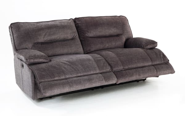 Gray Pacifica 82" transitional power reclining loveseat with plush polyester fabric, memory foam cushions, and USB charging port.