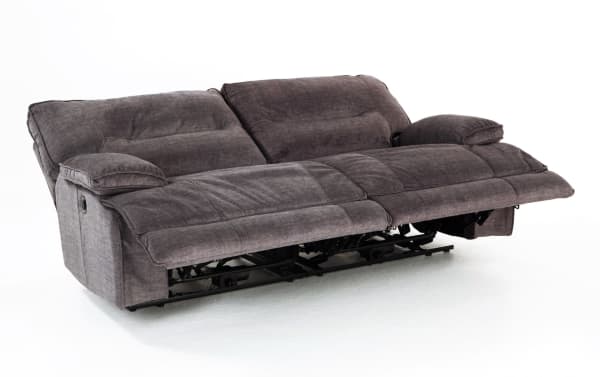 Gray Pacifica 82" transitional power reclining loveseat in soft polyester fabric with memory foam cushions and USB charging port.