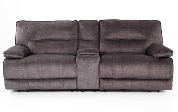 Gray 95" Pacifica transitional power reclining console loveseat with polyester fabric upholstery, memory foam cushions, USB port, cup holders, and storage.