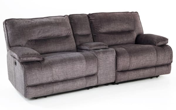 Transitional Pacifica Gray 95" Power Reclining Console Loveseat in gray polyester fabric with memory foam cushions, USB port, cup holders, and storage.