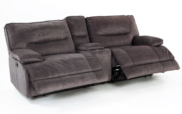 Transitional Pacifica Gray 95" power reclining console loveseat in soft gray polyester fabric with memory foam cushions, USB port, cup holders, and storage.