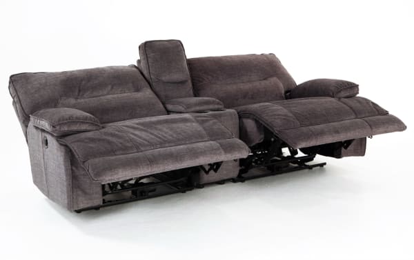 Pacifica Gray 95" power reclining console loveseat in gray polyester fabric with memory foam cushions, USB port, cup holders, and storage.