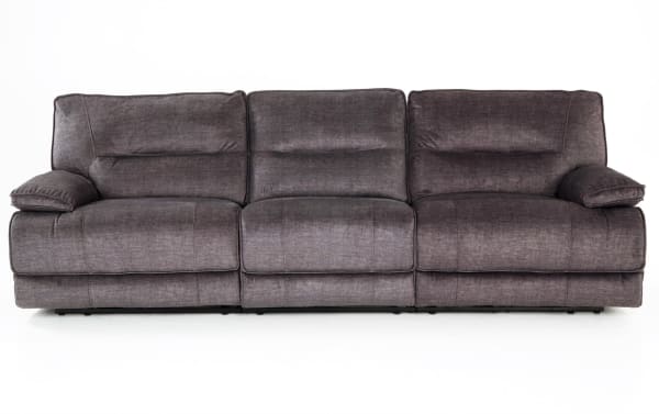 Pacifica Gray 114'' Power Reclining Sofa in gray polyester fabric, transitional style with plush cushions, memory foam padding, and power recline with USB port.