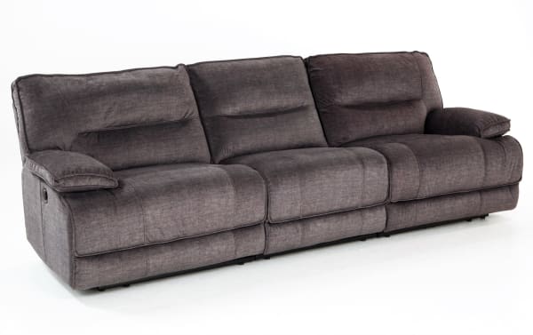 Pacifica Gray 114'' Power Reclining Sofa in gray polyester fabric with plush cushions, transitional style, power recline, and built-in USB port.